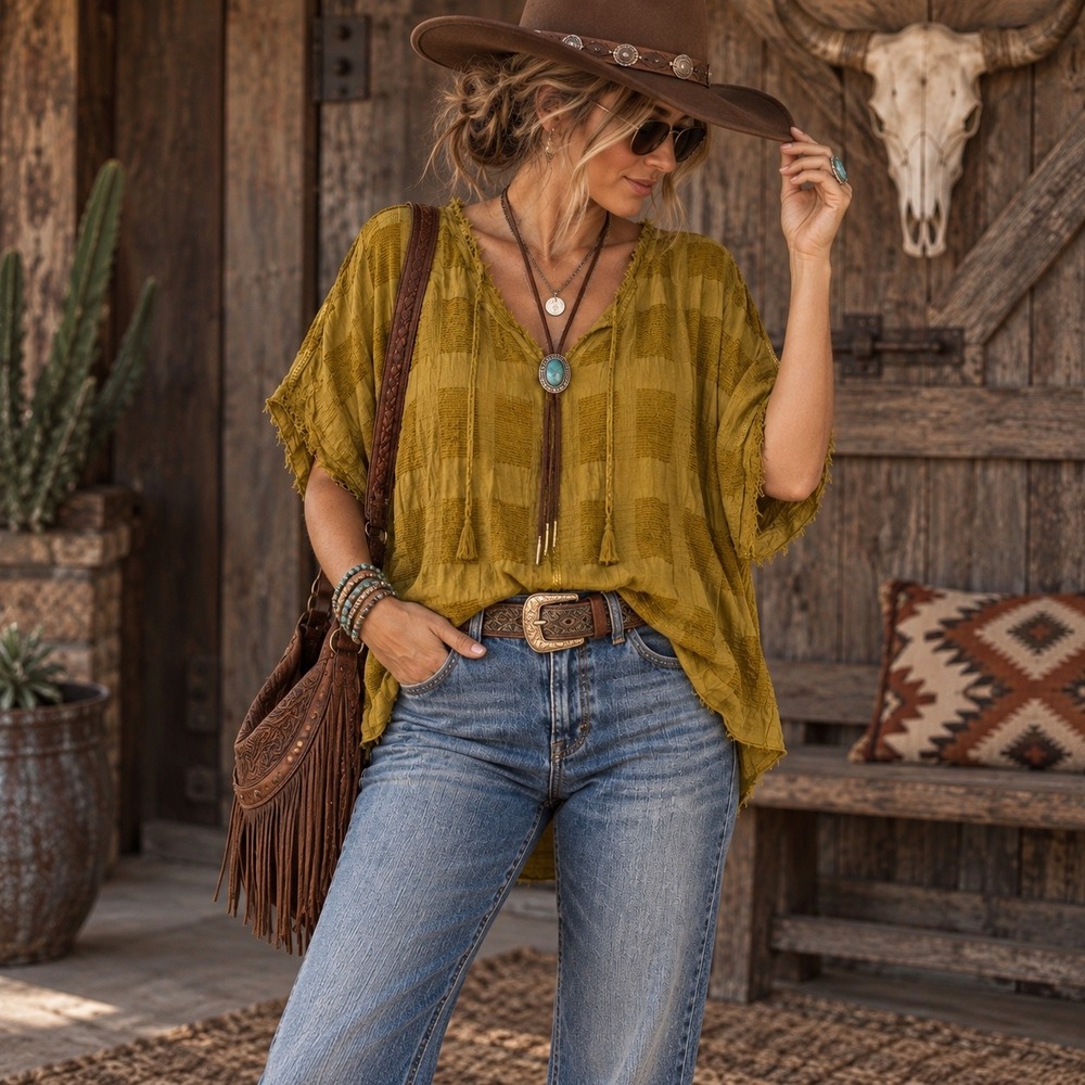 Umgee USA Mustard Ochre Textured Boho Oversized Top Raw Edge Large western